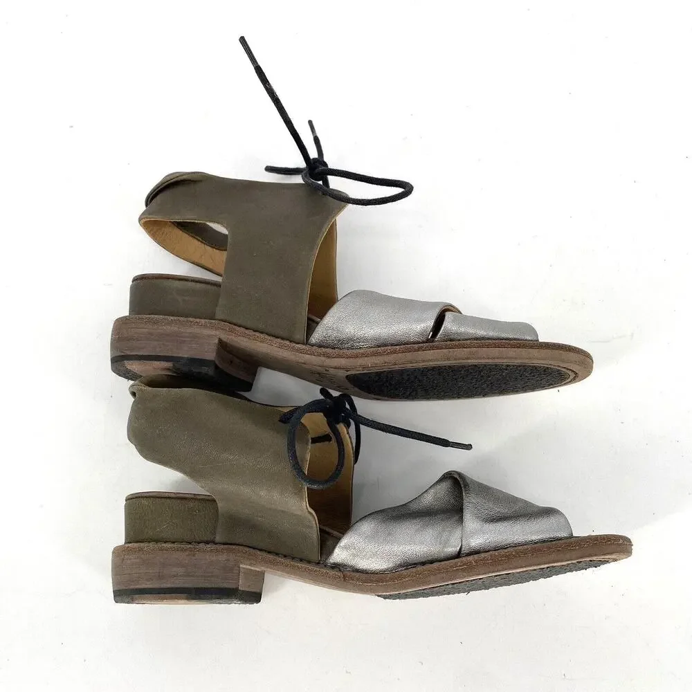 P Monjo Leather Sandals Womens 36 Silver Tan Roman Slingback Lace Up